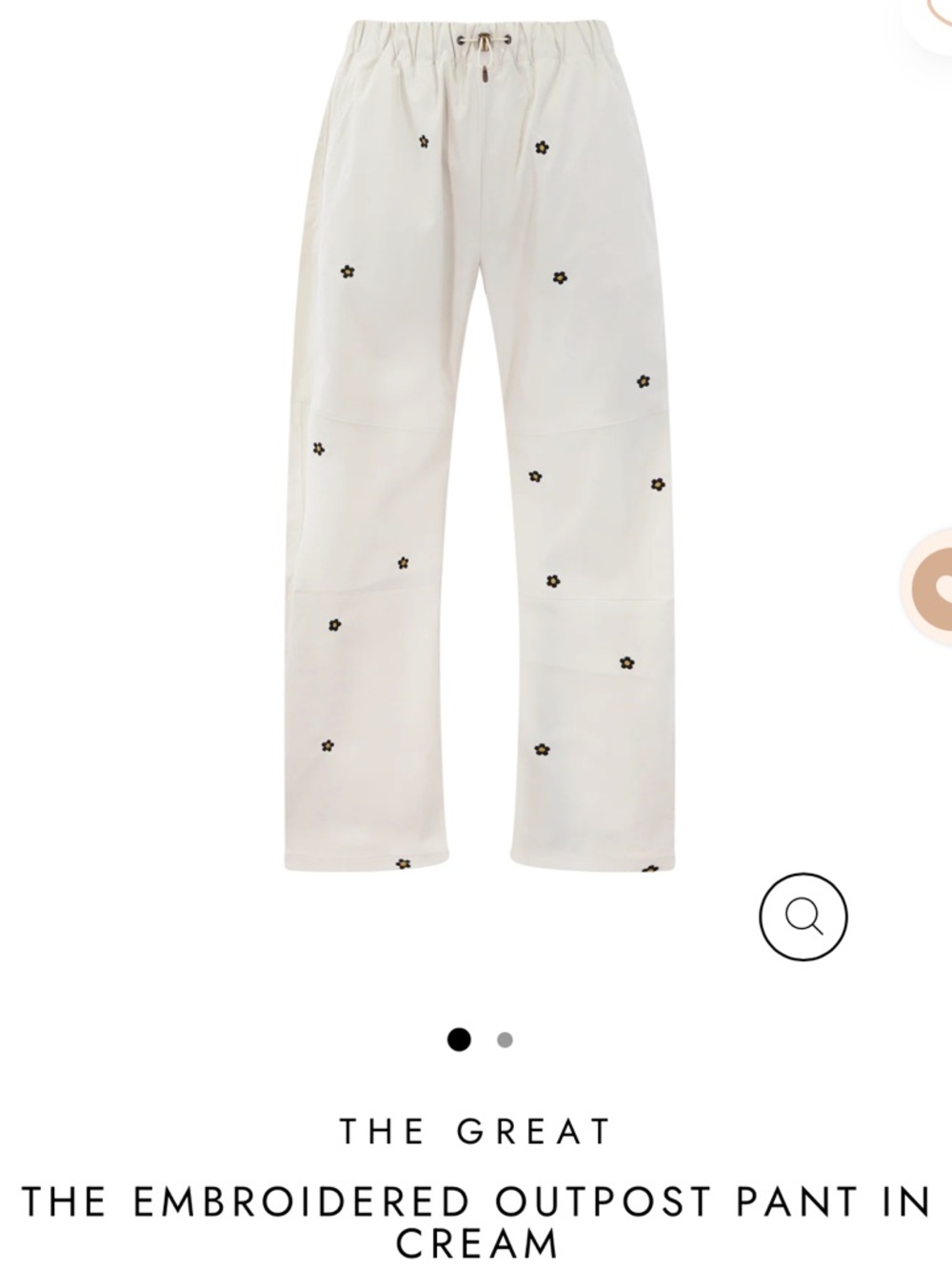 THE GREAT Cream Wide-Leg Embroidered Pant